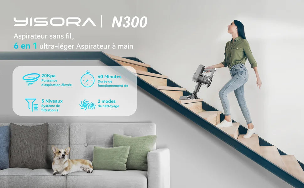 YISORA N300 Cordless Upright Vacuum Cleaner, 20Kpa Ultra Lightweight Stick Vacuum
