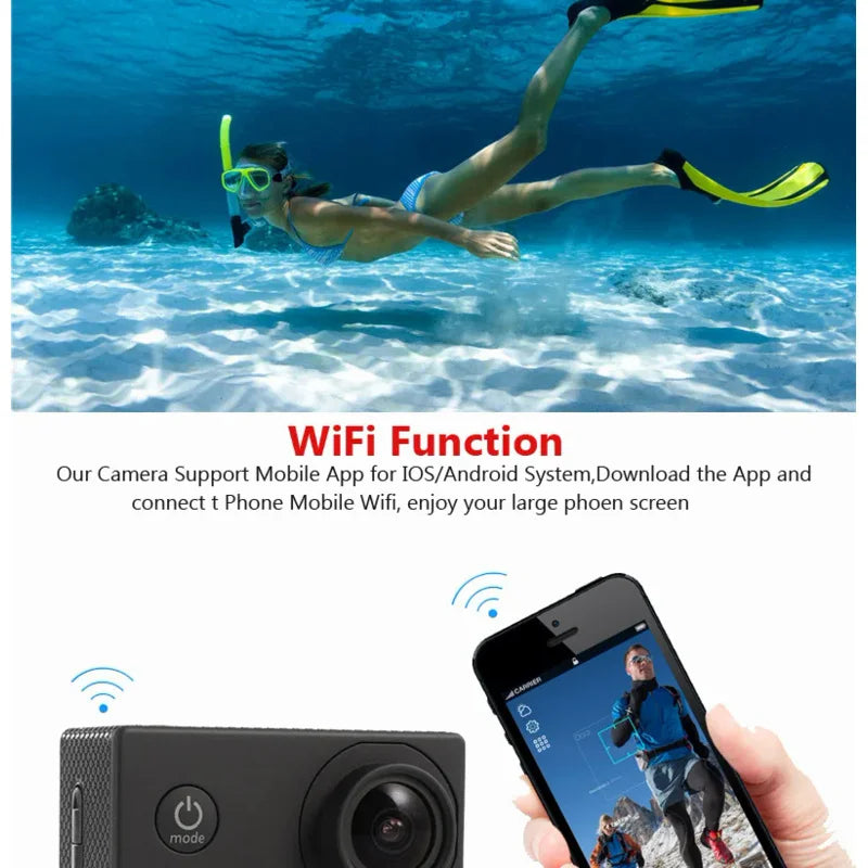 2.0" Action Camera Ultra HD 4K 30FPS WiFi Underwater Cameras. Waterproof Helmet Bicycle Video Recording Camera for Outdoor Sport Cam