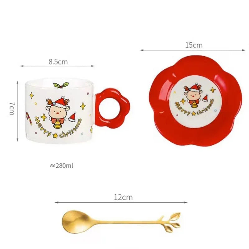Ceramic Cup Saucer Set with Spoon Christmas Themed Coffee Cup, Perfect for Gift & Present