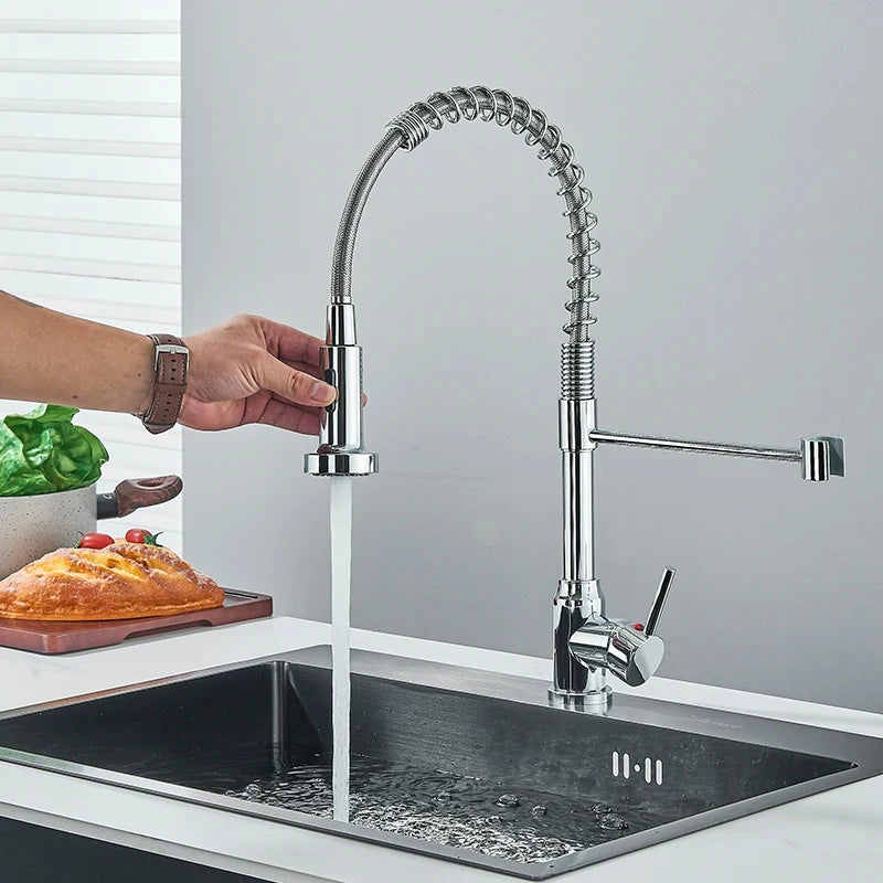 Spring Pull Down Kitchen Faucets Stream Spray Head with Hot & Cold Water