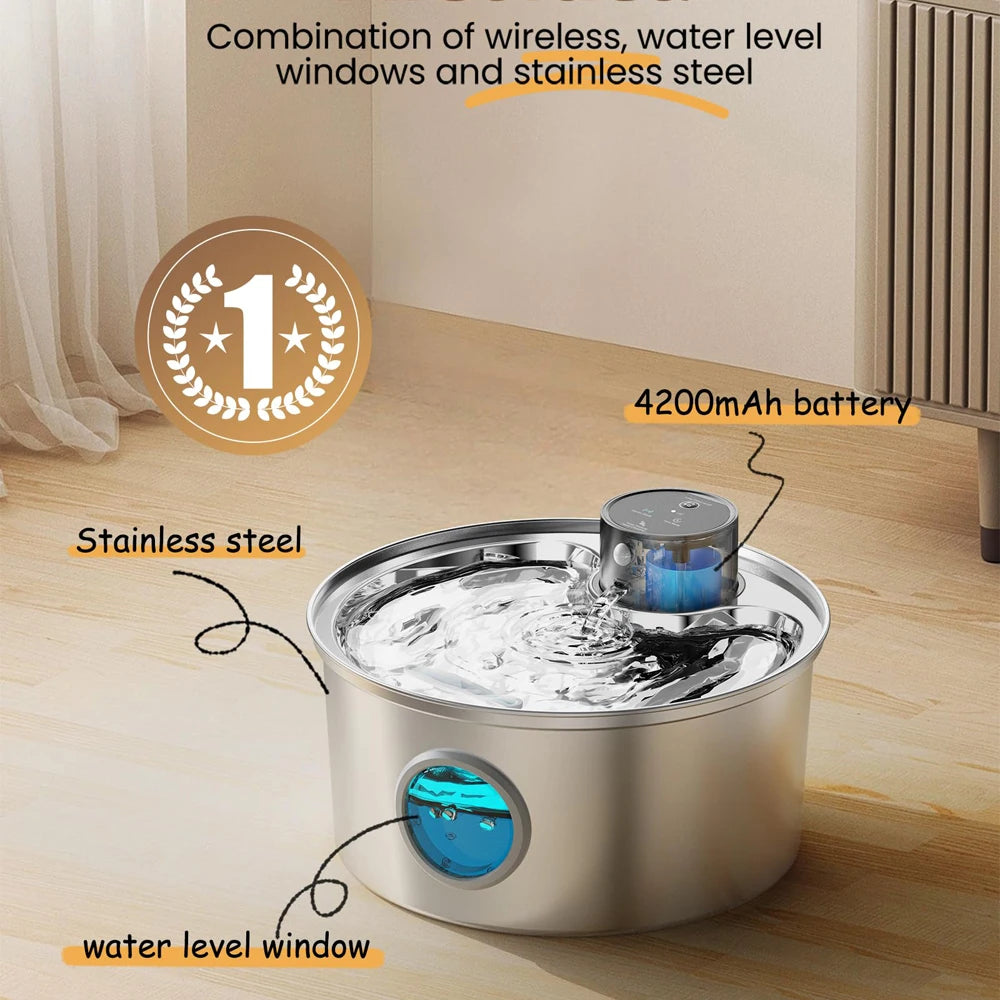 Stainless Steel Wireless Cat Water Fountain. Automatic Pet Drinking with Motion Sensor Water Dispenser Accessories filter