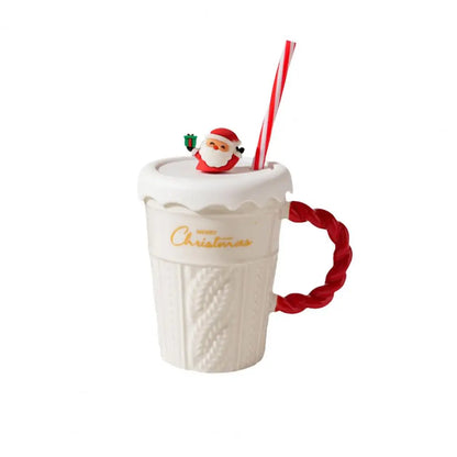 Christmas Themed Ceramic Mug Set with Lid & Straw for Coffee Lover