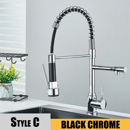 Black Kitchen Sink Faucet, Pull Down Hot and Cold Water Mixer, 2 Mode Tap with Dual Spout 360 Rotation Flexible Deck Mounted