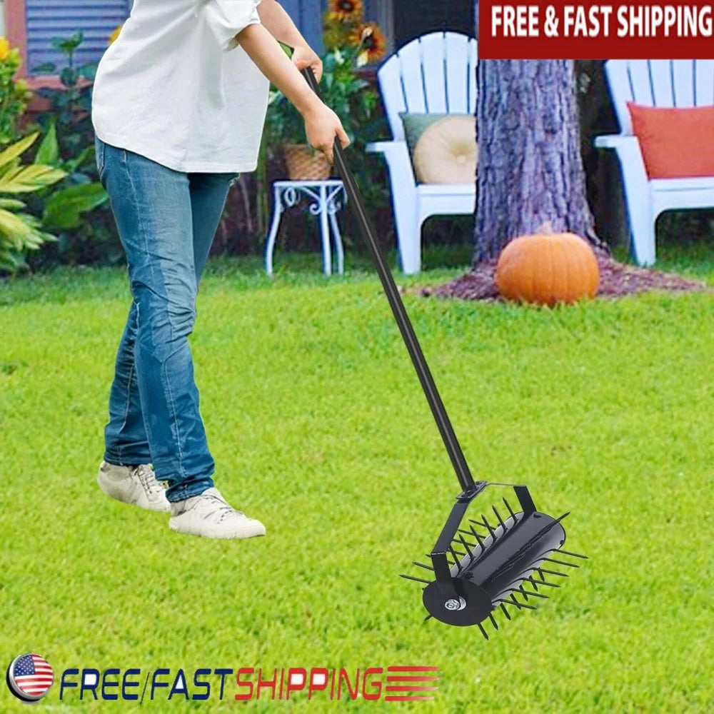 Heavy Duty Lawn Aerator Roller, Manual Tool Soil Penetration with Long Handle Durable Spikes Garden Grass Maintenance