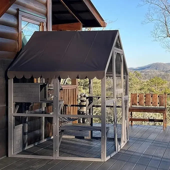 Outdoor Cat House Catio Wooden Kitty Enclosure with Extra Large Entry Door