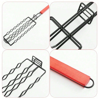 New Removable Hot Dog Grill With Wooden Handle. Sausage Grill Cage Portable Outdoor BBQ Rack