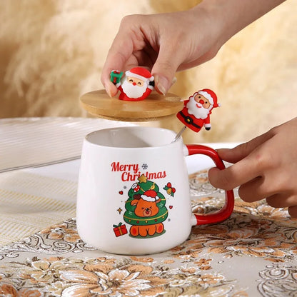 Christmas Themed Santa Reindeer Ceramic Coffee Mug with Lid and Spoon Perfect Holiday Gift