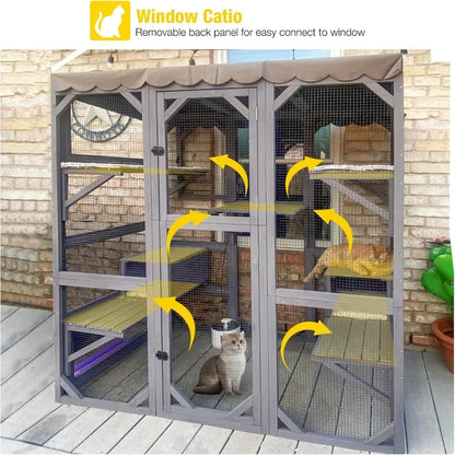 Outdoor Cat House Catio Wooden Kitty Enclosure with Extra Large Entry Door
