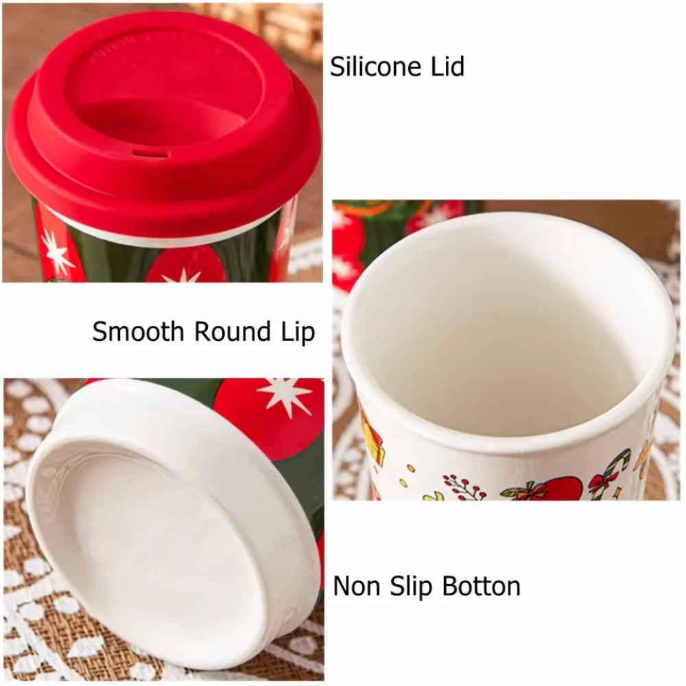Christmas Ceramic Mug, Coffee Cup with Silicone Lid and Gift Box, Latte Mug, Here Comes Santa Claus Gifts