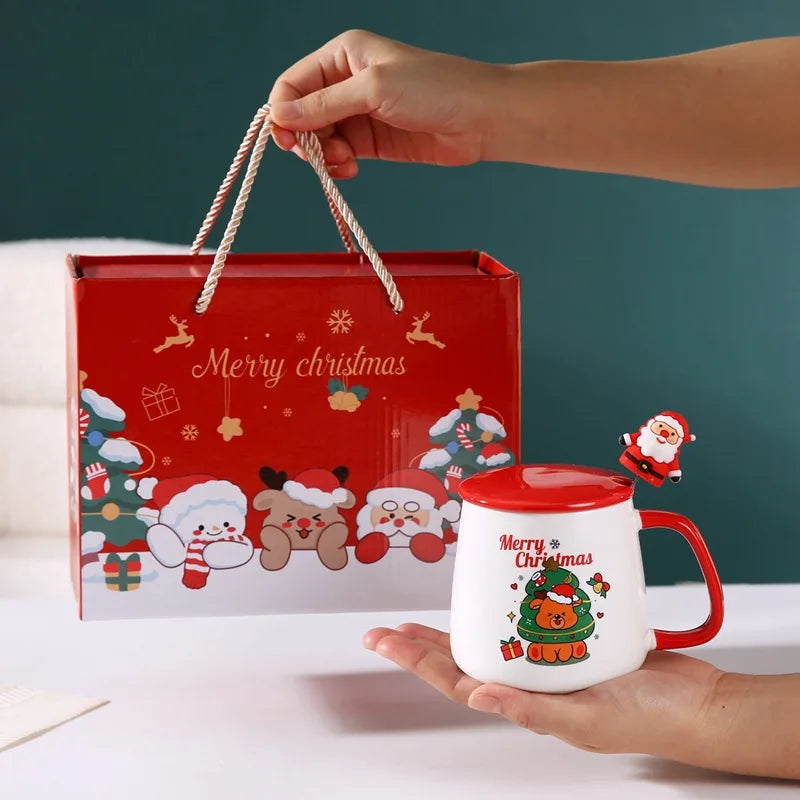 Christmas Themed Santa Reindeer Ceramic Coffee Mug with Lid and Spoon Perfect Holiday Gift