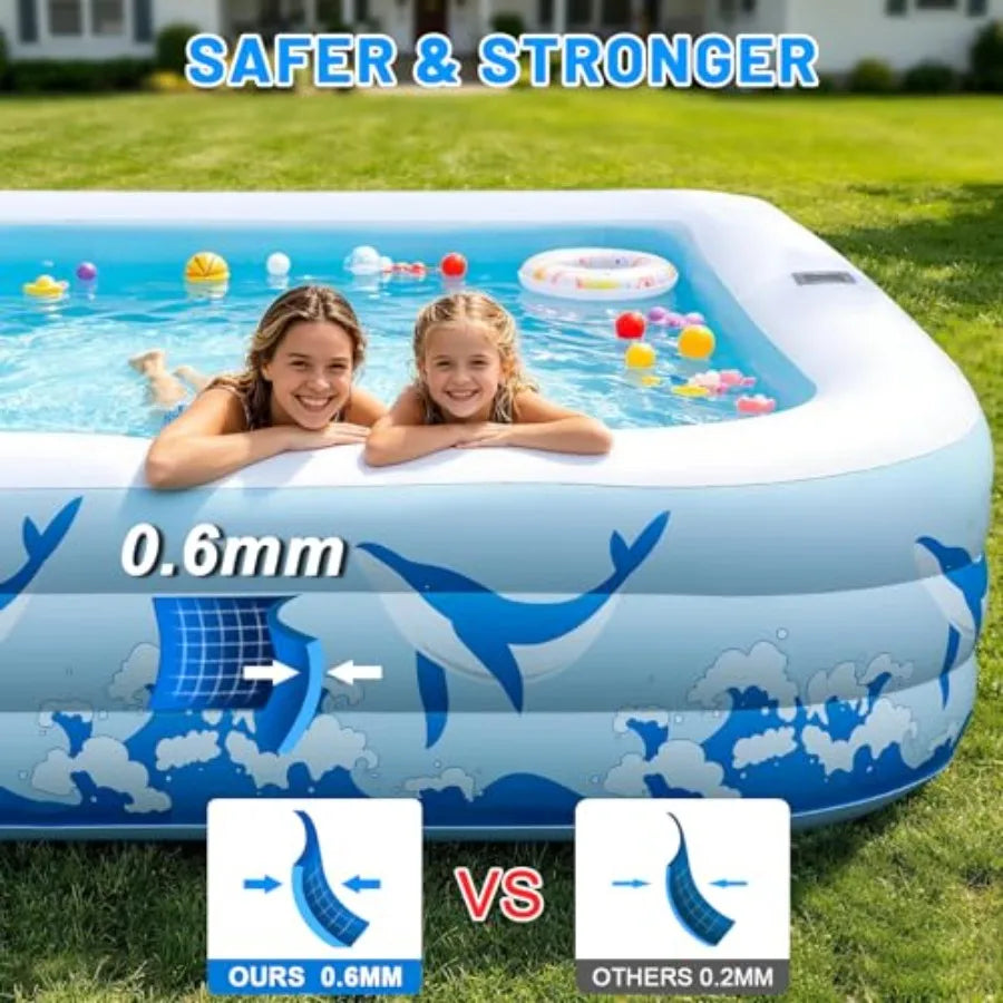 Backyard outdoor inflatable swimming pool for kids and adults, durable thickened PVC, multicolor 7-color LED light,solar-powered
