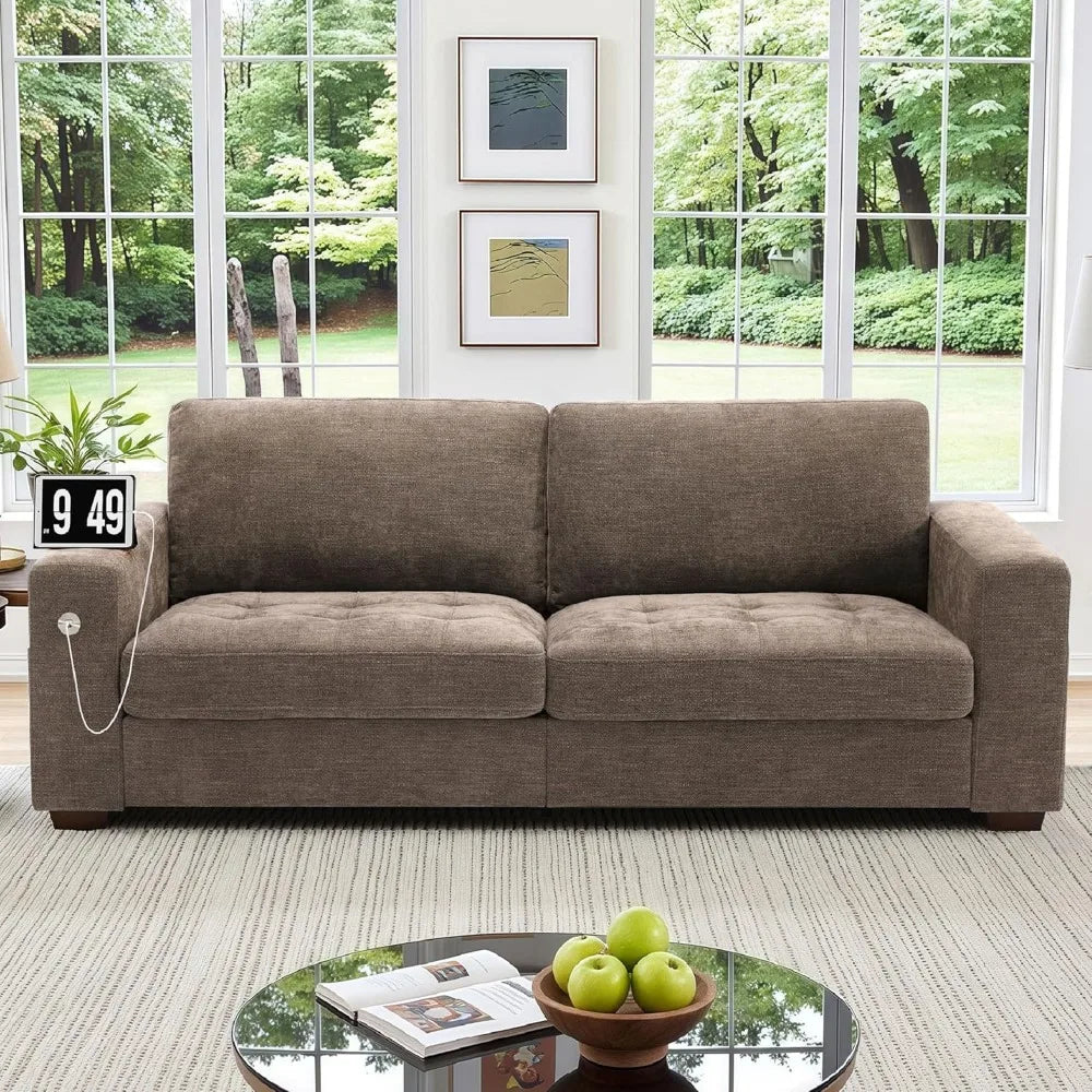 89" Modern Sofa Couch for Living Room, Chenille 3-Seater Couch with Thick Cushions, USB/Type-C Port, Removable Cover
