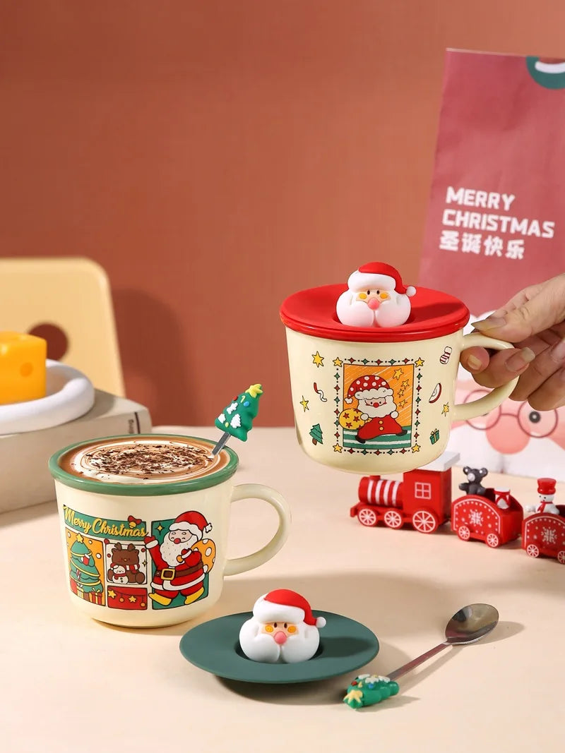 Festive Christmas Themed Ceramic Coffee Mug with Lid & Spoon Holiday Gift Box