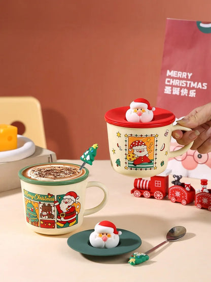 Festive Christmas Themed Ceramic Coffee Mug with Lid & Spoon Holiday Gift Box