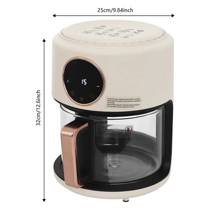 6-in-1 Functions Airy Fryer, 4.2L 1200W Glass Air Fryer, 360° Viewable, Digital Display, Adjustable Temp 80~200℃