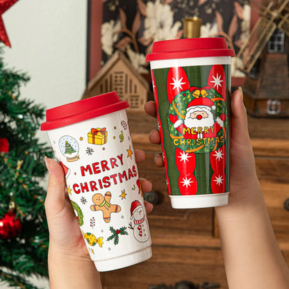 Christmas Ceramic Mug, Coffee Cup with Silicone Lid and Gift Box, Latte Mug, Here Comes Santa Claus Gifts