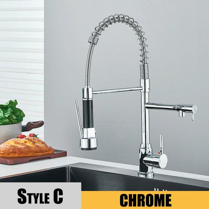 Black Kitchen Sink Faucet, Pull Down Hot and Cold Water Mixer, 2 Mode Tap with Dual Spout 360 Rotation Flexible Deck Mounted