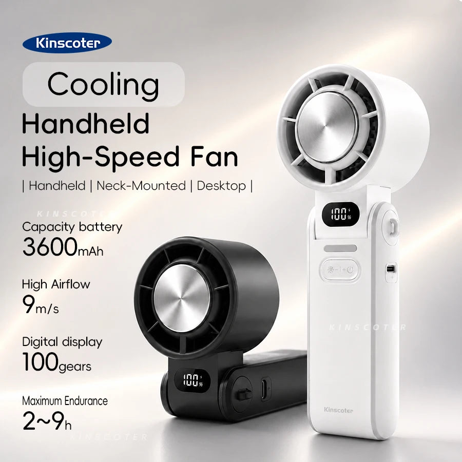 KINSCOTER Outdoor Foldable Portable Handheld Mini Cooling Fan. Rechargeable 3600mAh 100-level Free Control High Speed Turbo Fan