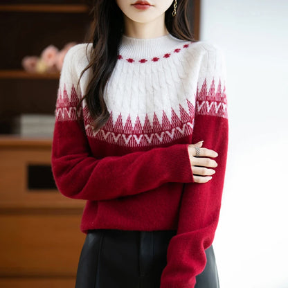 Autumn/Winter New Half High Neck Sweater 100% Wool Knitted Vintage Look. Loose Fit Christmas Red Sweaters Chic Streetwear for Women