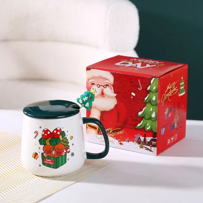 Christmas Themed Santa Reindeer Ceramic Coffee Mug with Lid and Spoon Perfect Holiday Gift