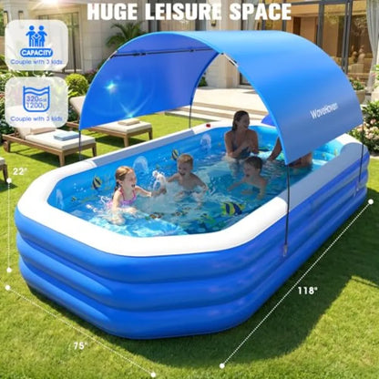 Backyard inflatable pool for kids and adults, PVC blue ocean-themed, oversized thickened 118x75x22, includes canopy for Sun shade protection