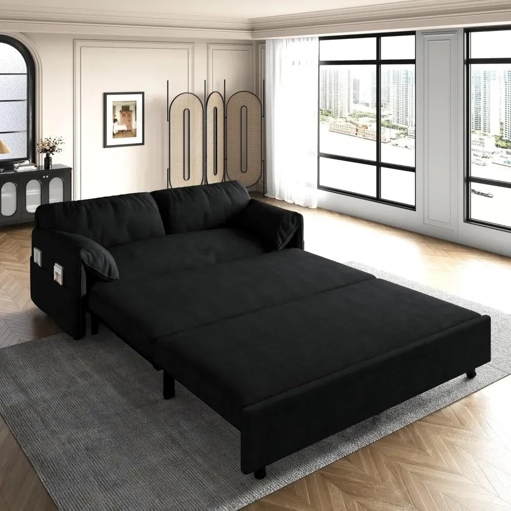63.8" Futon Sofa Bed Queen Size, Pull Out Bed, 3-in-1 Convertible Sleeper Sofa with Side Pocket, Modern Velvet Futon Couch
