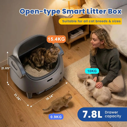 Self-Cleaning Automatic Litter Box with Open-Top Design, Smart App Remote Control,Advanced Odor Control & 15-Layer Safety Guard