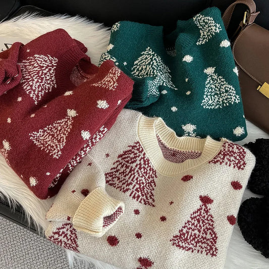 Women's Christmas Red Pullover Sweater Round Neck. Knit Casual Lazy Style New Year Top Contrast. Christmas Tree Autumn Winter 2025