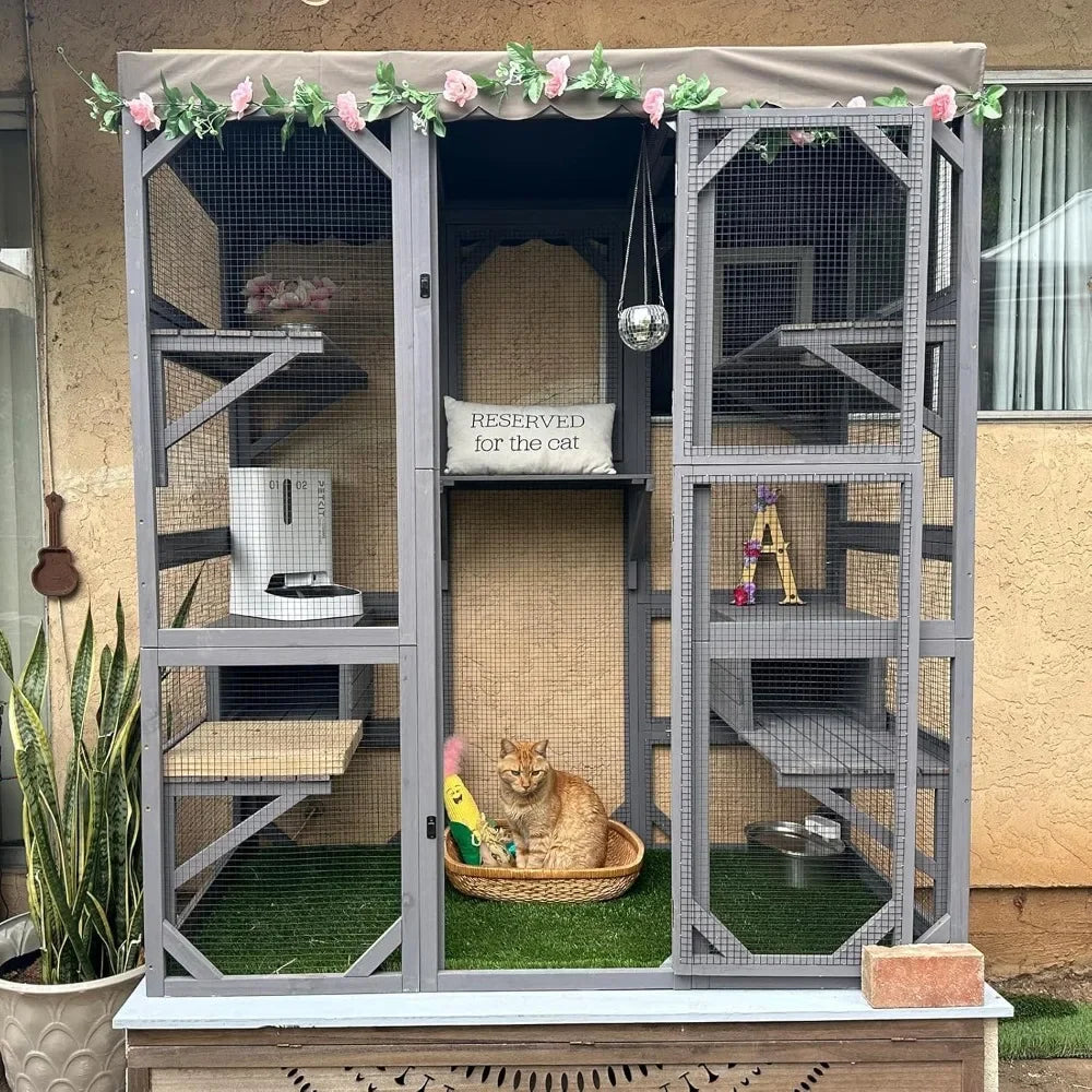 Outdoor Cat House Catio Wooden Kitty Enclosure with Extra Large Entry Door
