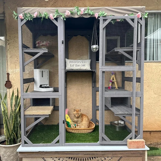 Outdoor Cat House Catio Wooden Kitty Enclosure with Extra Large Entry Door