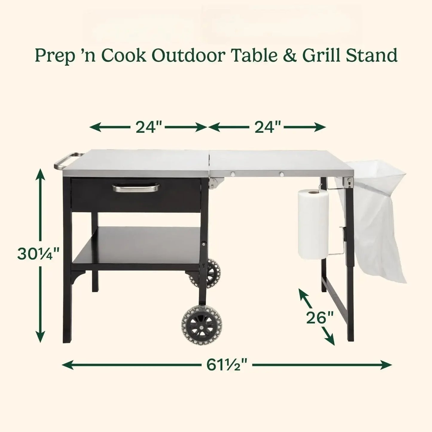 Outdoor Table and Grill Stand, Stainless Steel Folding Table with Wheels, 48” x 24” Prep Station  Home BBQ, Tailgates, Cookouts