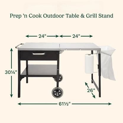 Outdoor Table and Grill Stand, Stainless Steel Folding Table with Wheels, 48” x 24” Prep Station  Home BBQ, Tailgates, Cookouts