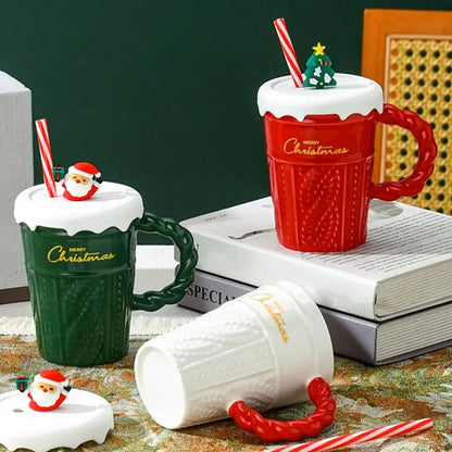 Christmas Themed Ceramic Mug Set with Lid & Straw for Coffee Lover