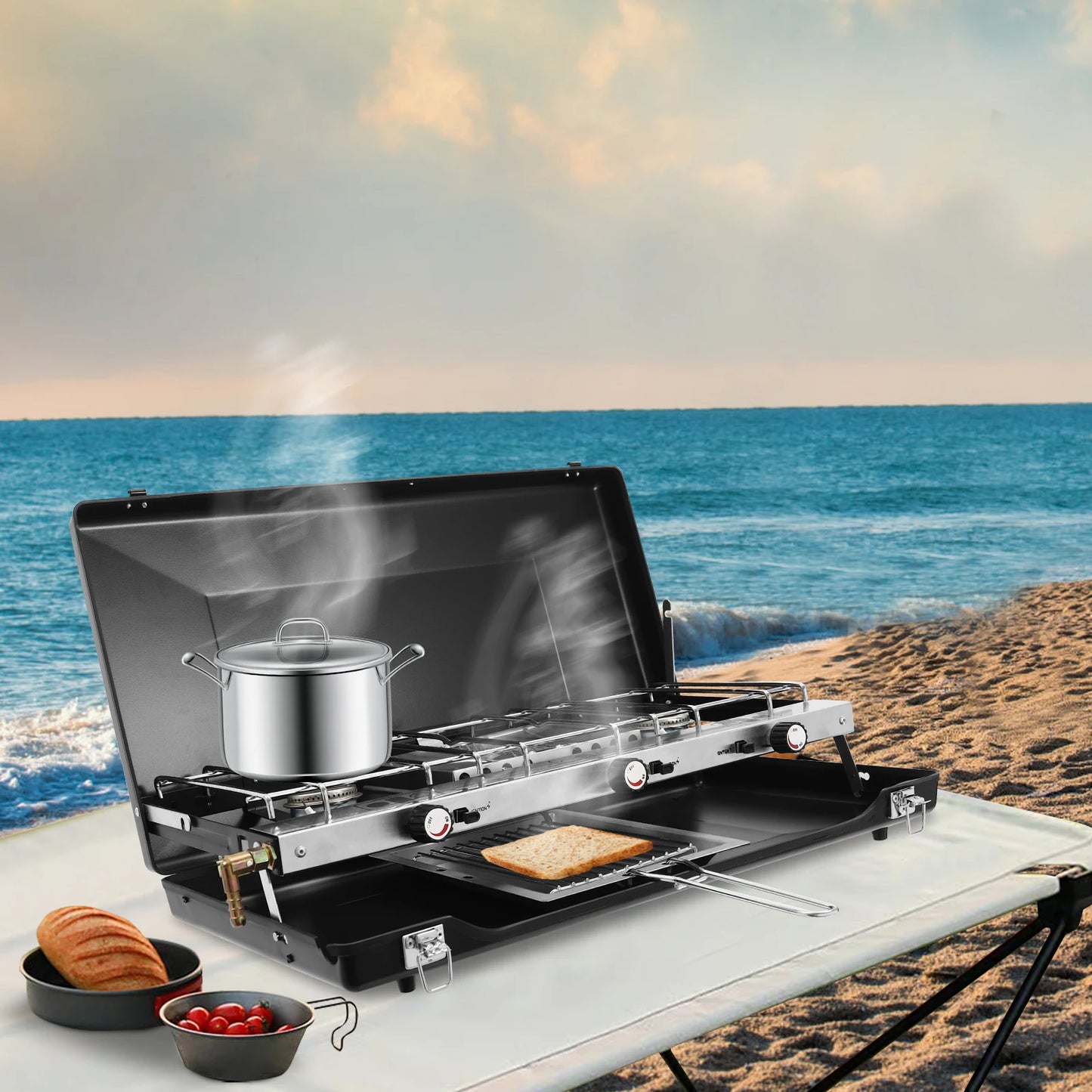 Outdoor Campfire Grill. 3-Burner Durable Cold-Rolled Steel Grill - Windproof Lid for Camping & Outdoor Cooking
