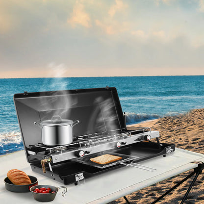 Outdoor Campfire Grill. 3-Burner Durable Cold-Rolled Steel Grill - Windproof Lid for Camping & Outdoor Cooking