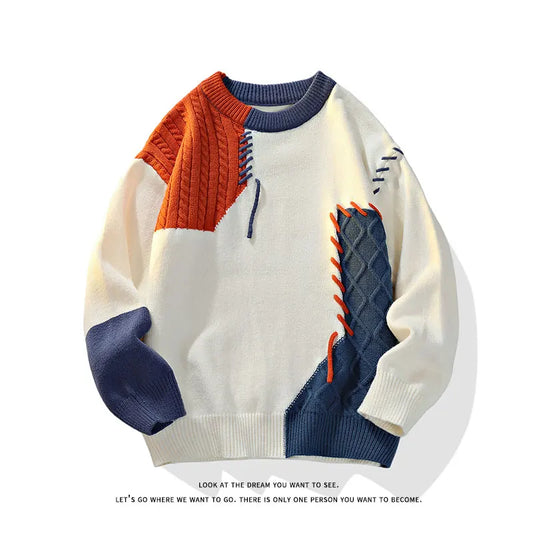 2025 Fall Winter Warm Men Sweaters, Korean Style with Patchwork Pullovers Round Neck Knitted Sweater