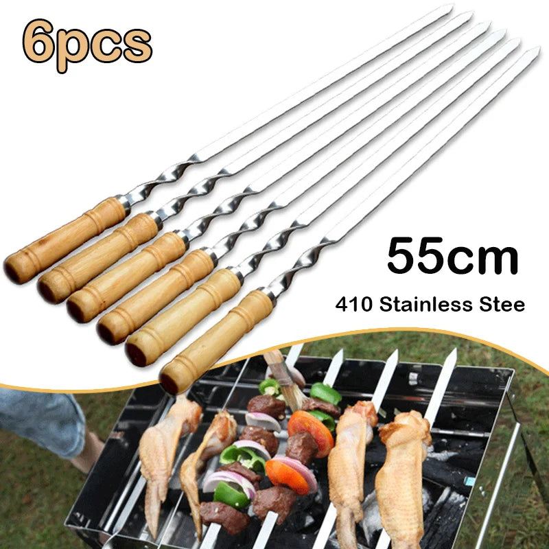 55cm Large Barbecue Skewer. Reusable Stainless Steel BBQ Kebab Stick with Wooden Handle. Outdoor Camping Picnic Tools Cooking Tool