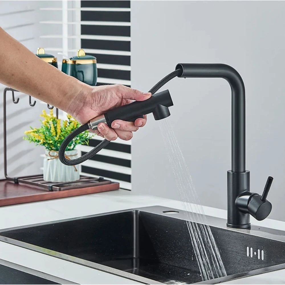 Black Pull Out Kitchen Sink Faucet Two Model Stream Sprayer Nozzle