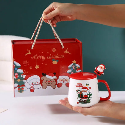 Christmas Themed Santa Reindeer Ceramic Coffee Mug with Lid and Spoon Perfect Holiday Gift