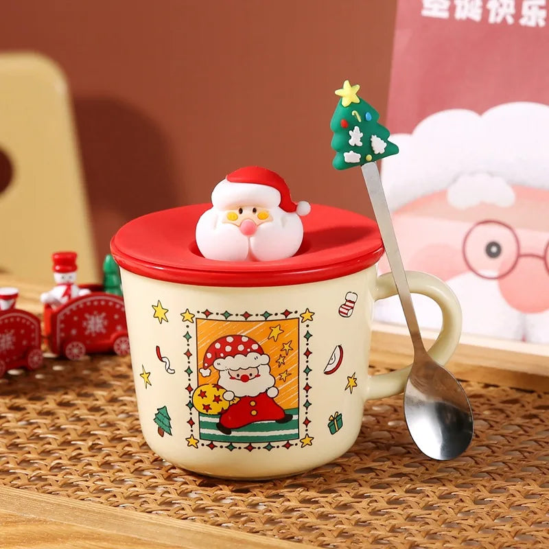 Festive Christmas Themed Ceramic Coffee Mug with Lid & Spoon Holiday Gift Box