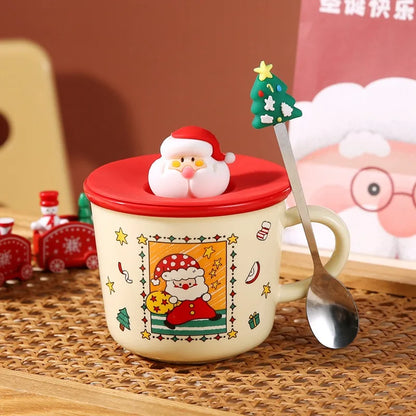 Festive Christmas Themed Ceramic Coffee Mug with Lid & Spoon Holiday Gift Box