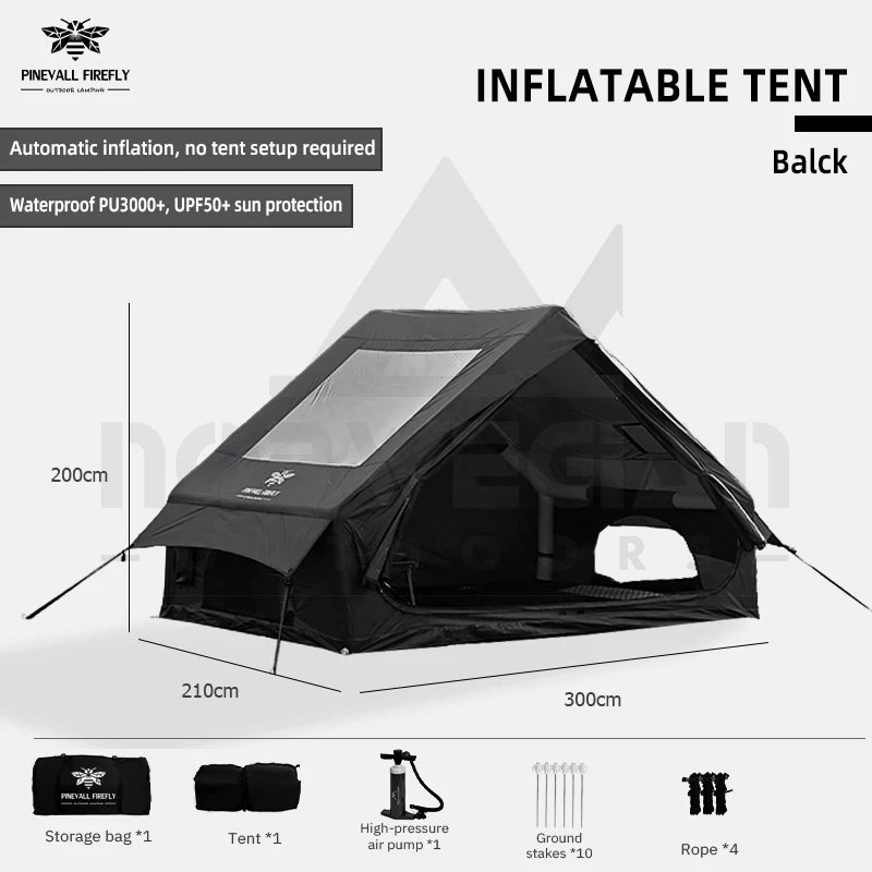 Outdoor inflatable camping tent with a panoramic skylight, suitable for activities such as camping, hiking, and fishing.