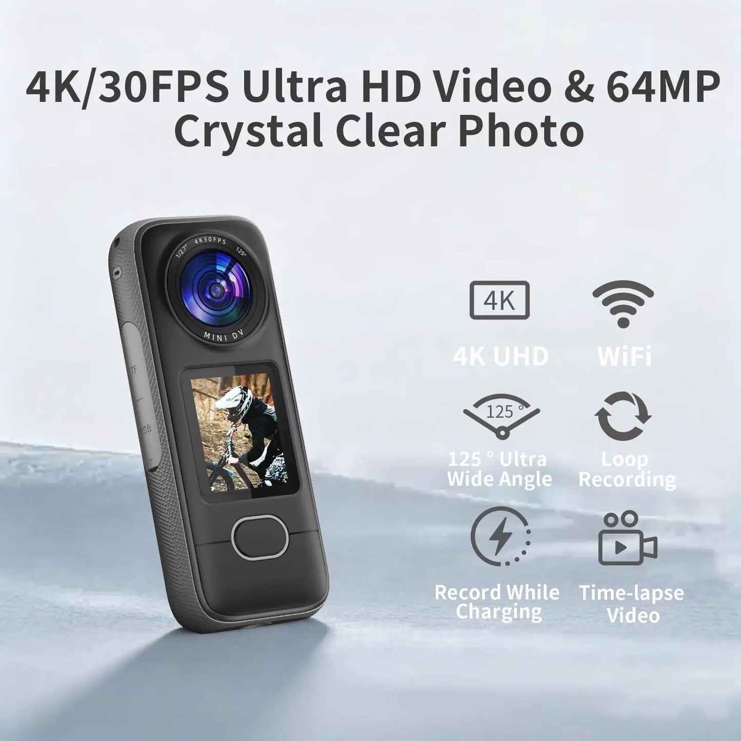 4K Action Camera with WiFi IPX6 Waterproof 3.5H Battery Fast Charge Ultra HD Photo 1.4" Touch Screen.