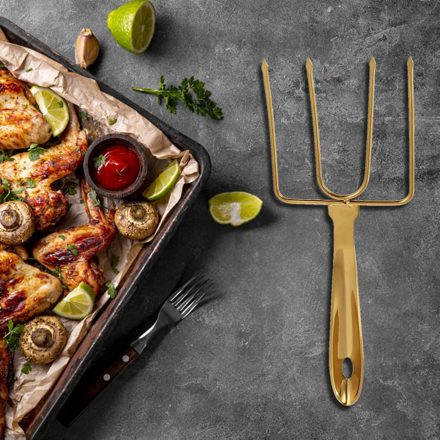 1pc Stainless Steel Bbq Fork Long Handle. Ergonomic Grip for Roasting & Skewer For Turkey, Chicken & Lamb Steak. Outdoor Grilling Camping