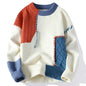 2025 Fall Winter Warm Men Sweaters, Korean Style with Patchwork Pullovers Round Neck Knitted Sweater