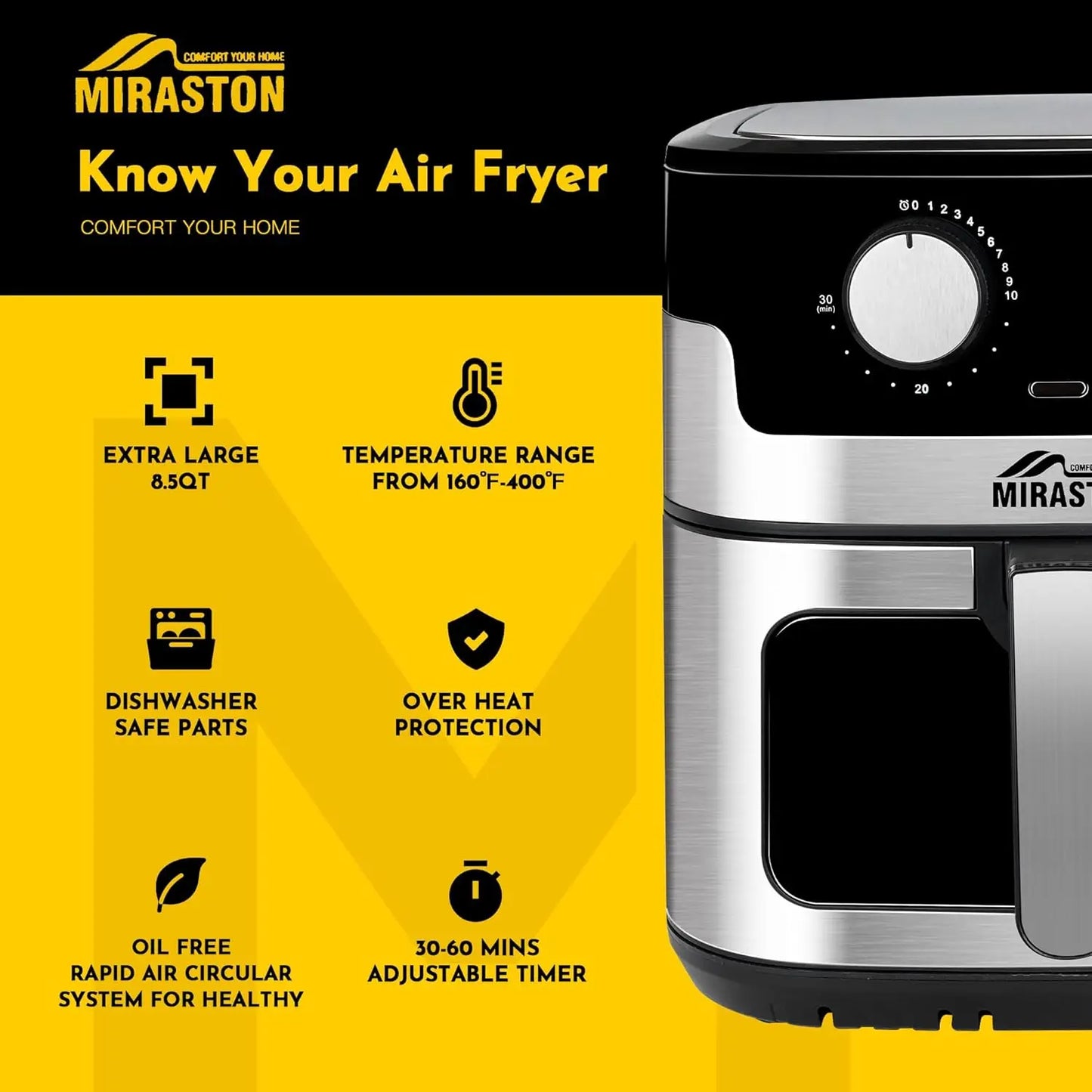 8.5QT Air Fryer, Upgraded Family Size Capacity, Visual Window, Square Basket Stainless Steel Air Fryers