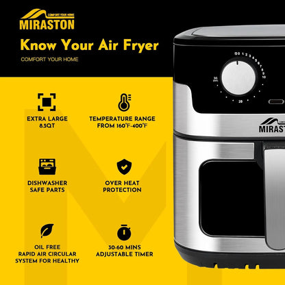 8.5QT Air Fryer, Upgraded Family Size Capacity, Visual Window, Square Basket Stainless Steel Air Fryers