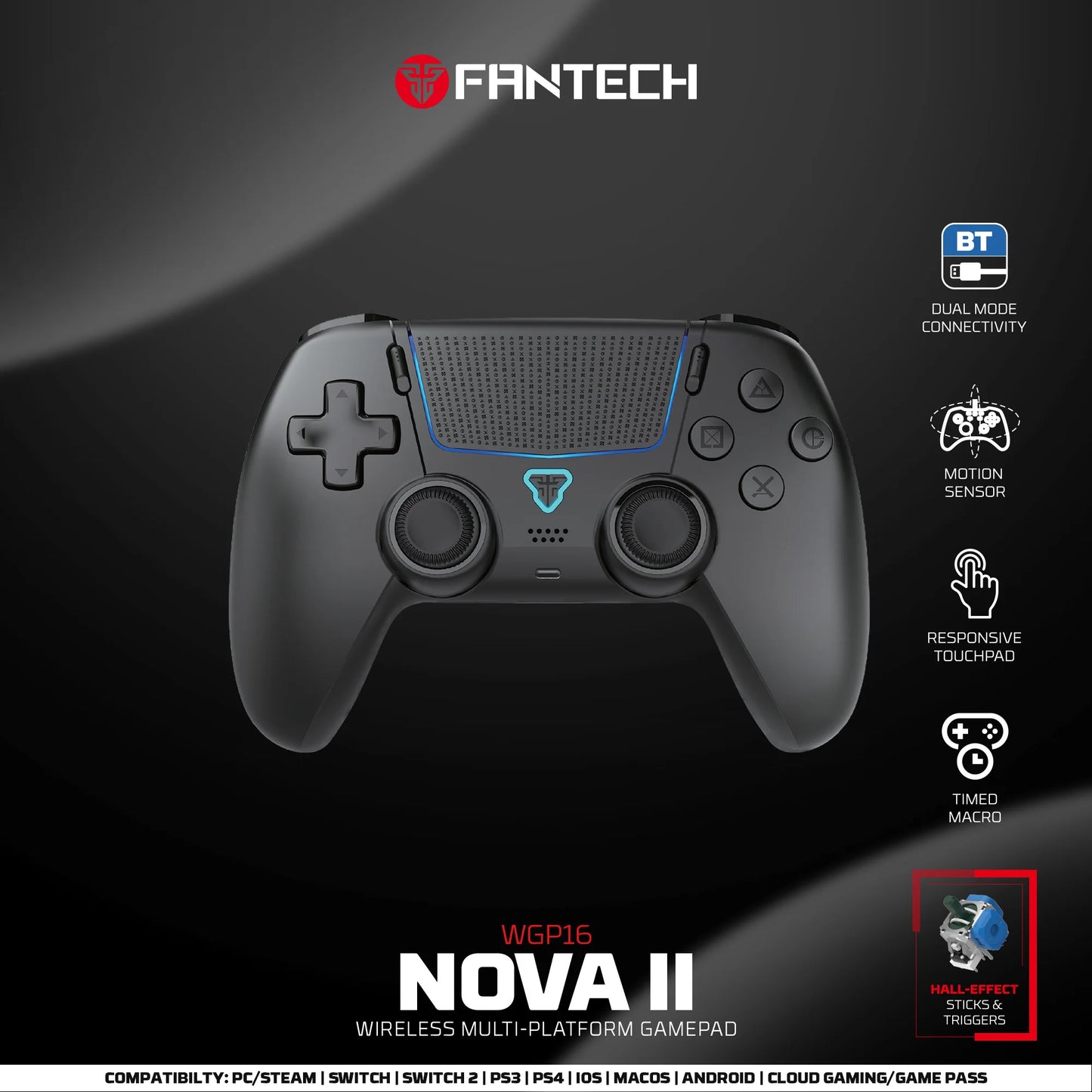 FANTECH NOVA II WGP16 Wireless controller with Hall Joystick and Effect Trigger & Built-in Speaker for PS4 NS2 Gamepad