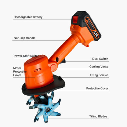 Cordless Tiller Cultivator Battery Powered Garden Cultivator. Mini Tiller for Weeding, Battery Charger Included