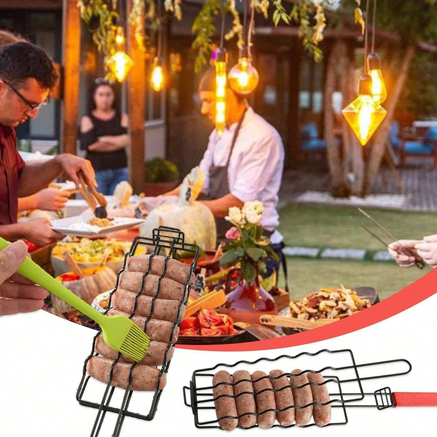New Removable Hot Dog Grill With Wooden Handle. Sausage Grill Cage Portable Outdoor BBQ Rack